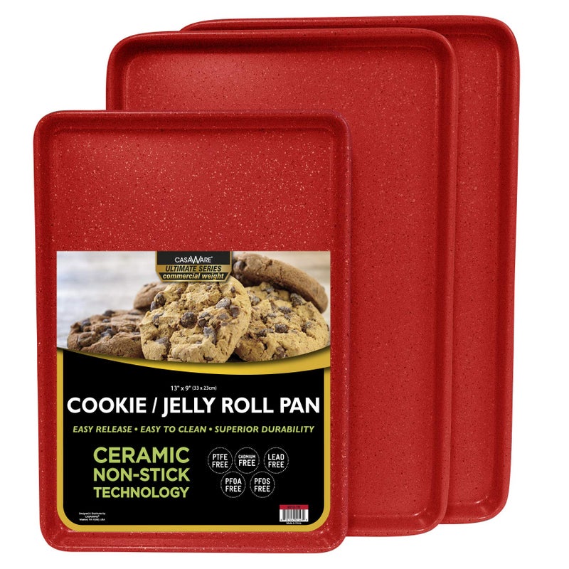 casaWare 3pc Ultimate Commercial Weight Cookie Sheet Set, Two 15 x 10-Inch Pans, One 13 x 9-Inch-Inch Pan (Red Granite) - Image 1